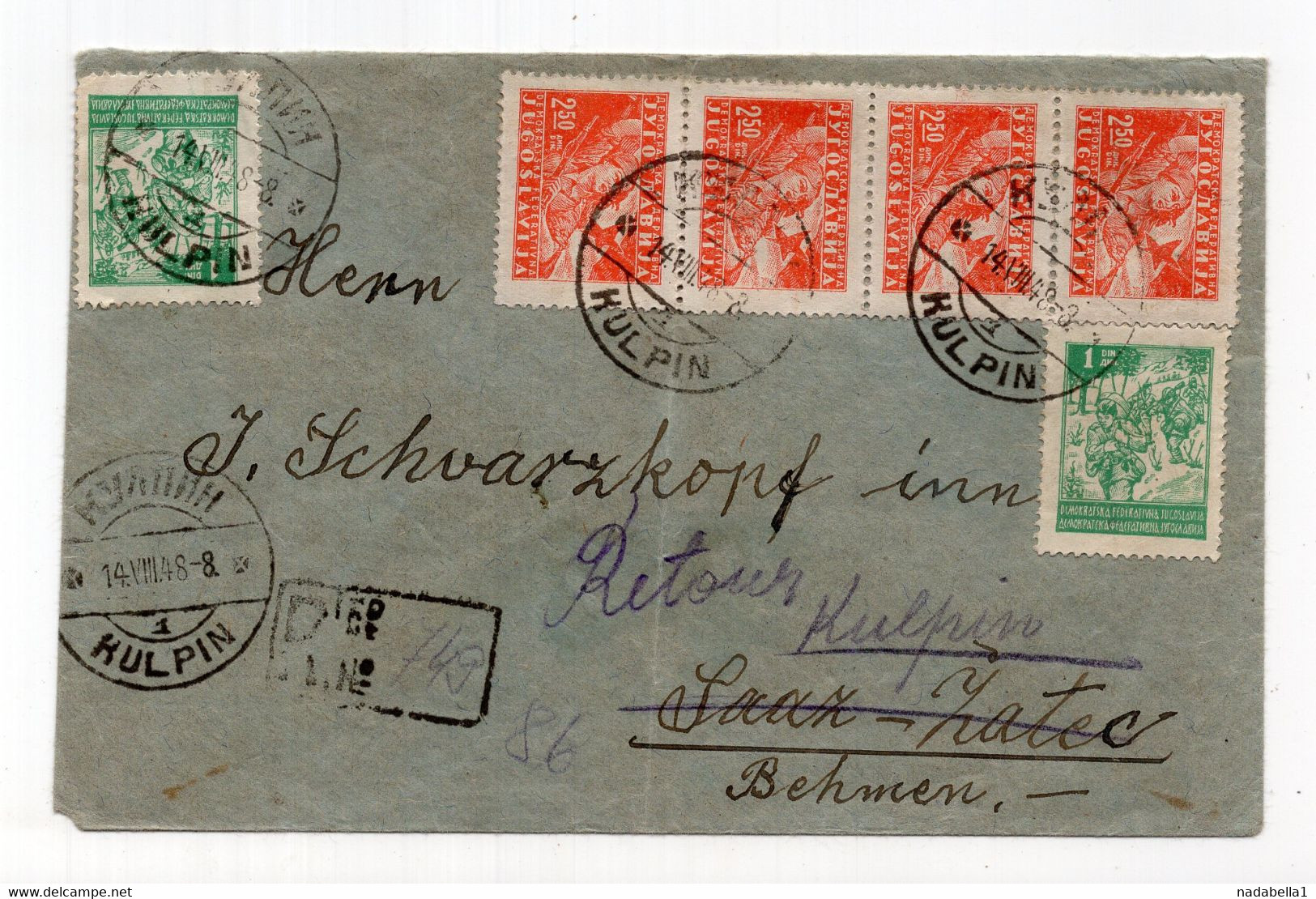 1948. YUGOSLAVIA,SERBIA,KULPIN TO CSR,REGISTERED COVER,RETURNED,LABEL INCONNU - Luftpost