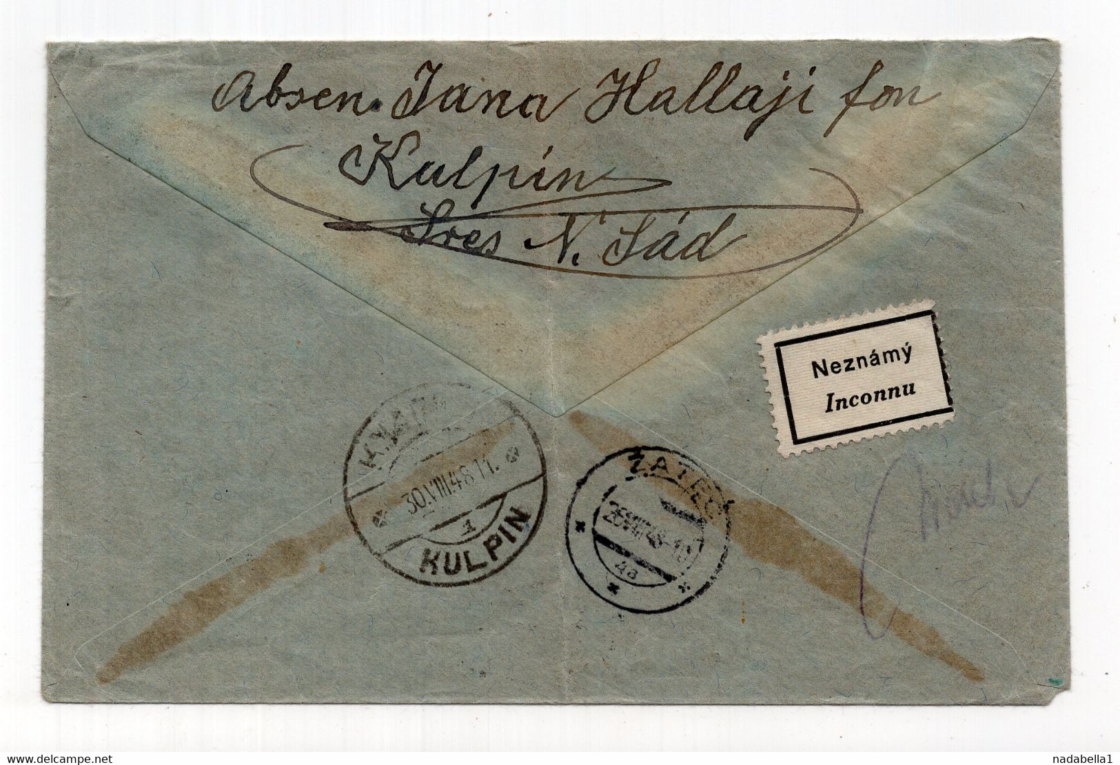 1948. YUGOSLAVIA,SERBIA,KULPIN TO CSR,REGISTERED COVER,RETURNED,LABEL INCONNU - Luftpost