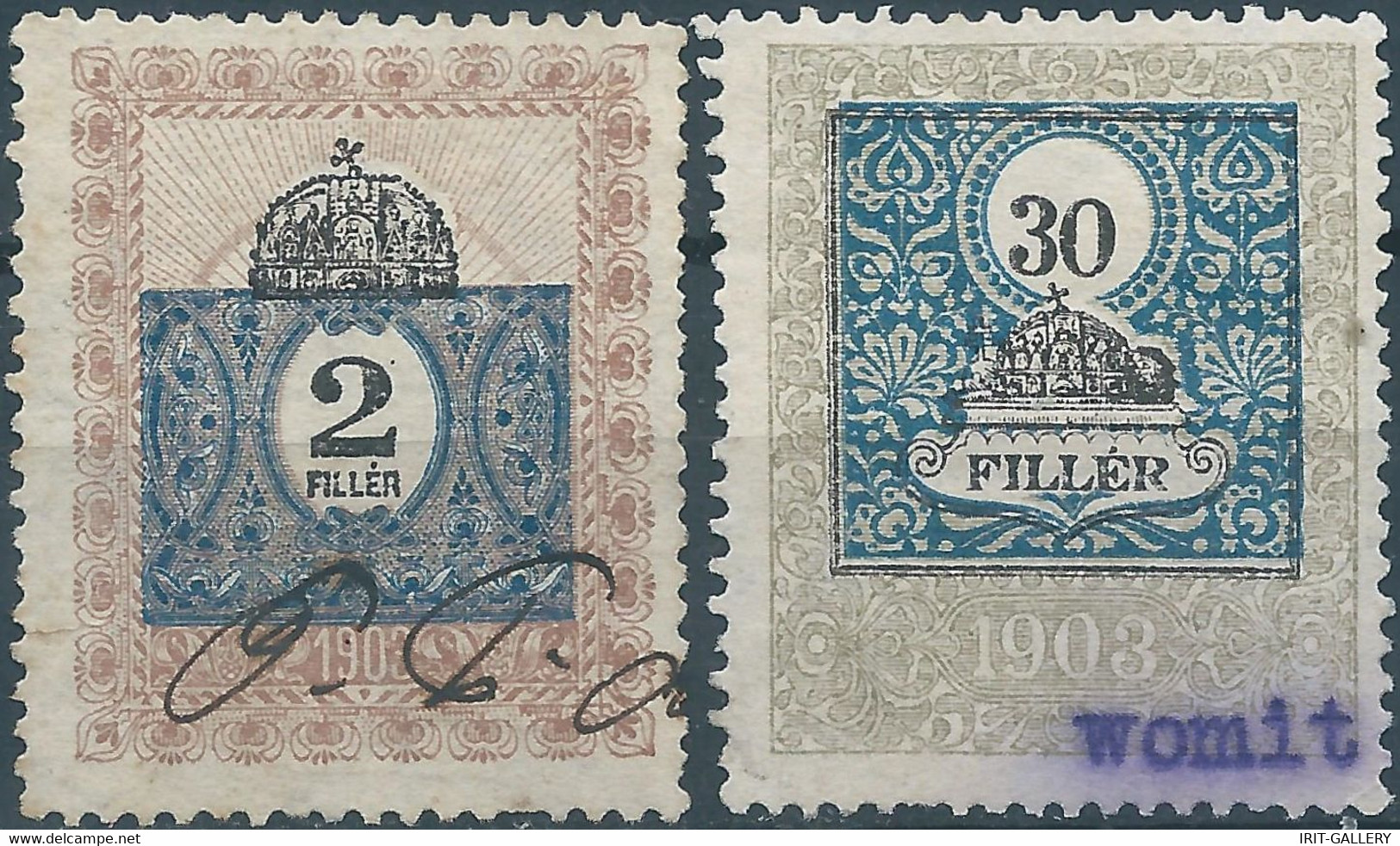 Hungary 1903 Revenue Stamps Fiscal Tax,2 & 30 Filler,Obliterated - Fiscales