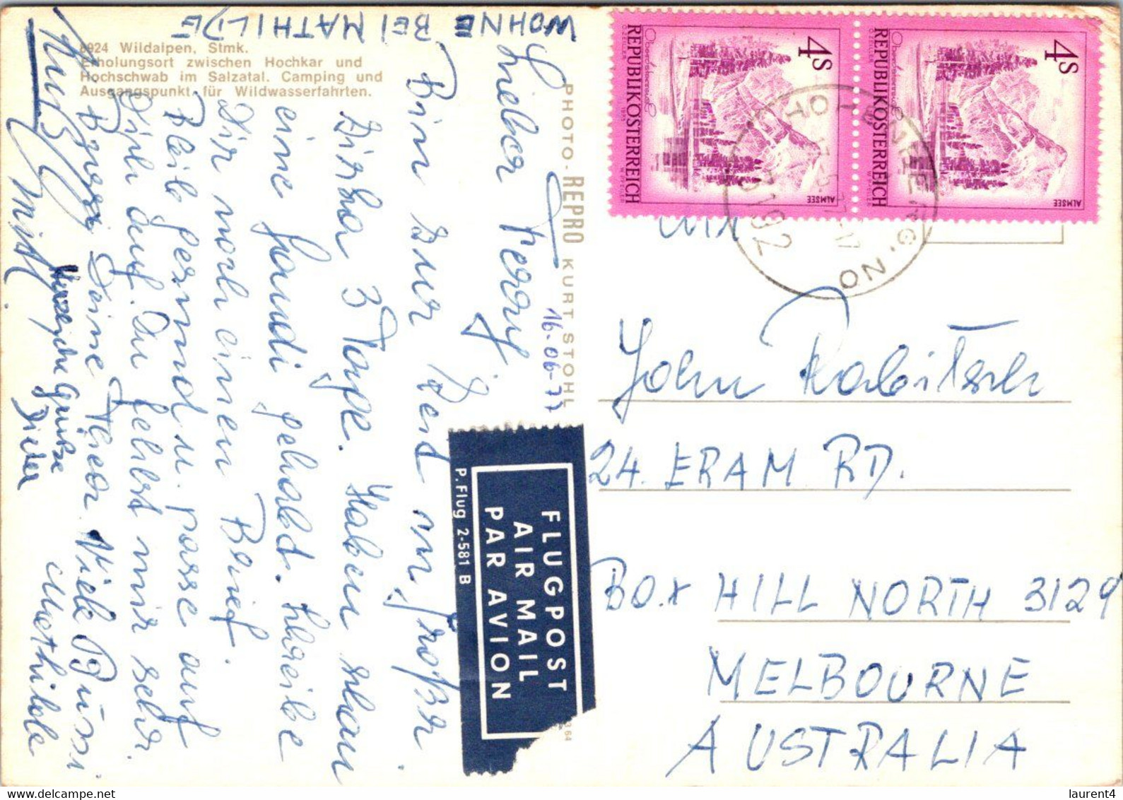 (1 B 13) Austria - Wildalpen - Posted To Australia 1977 - Wildalpen