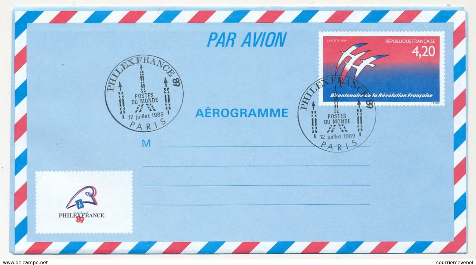 FRANCE => Aérogramme 4,20F Bicentenaire Révolution Folon Obl Temporaire Philexfrance Paris - 12/7/1989 - Aerogramas