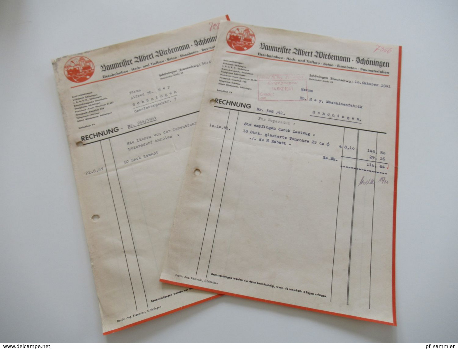 3.Reich Dokument 1941 Rechnung Baumeister Albert Wiedemann Schöningen (Braunschweig) über Tonrohre Und 50 Sack Zement - 1900 – 1949