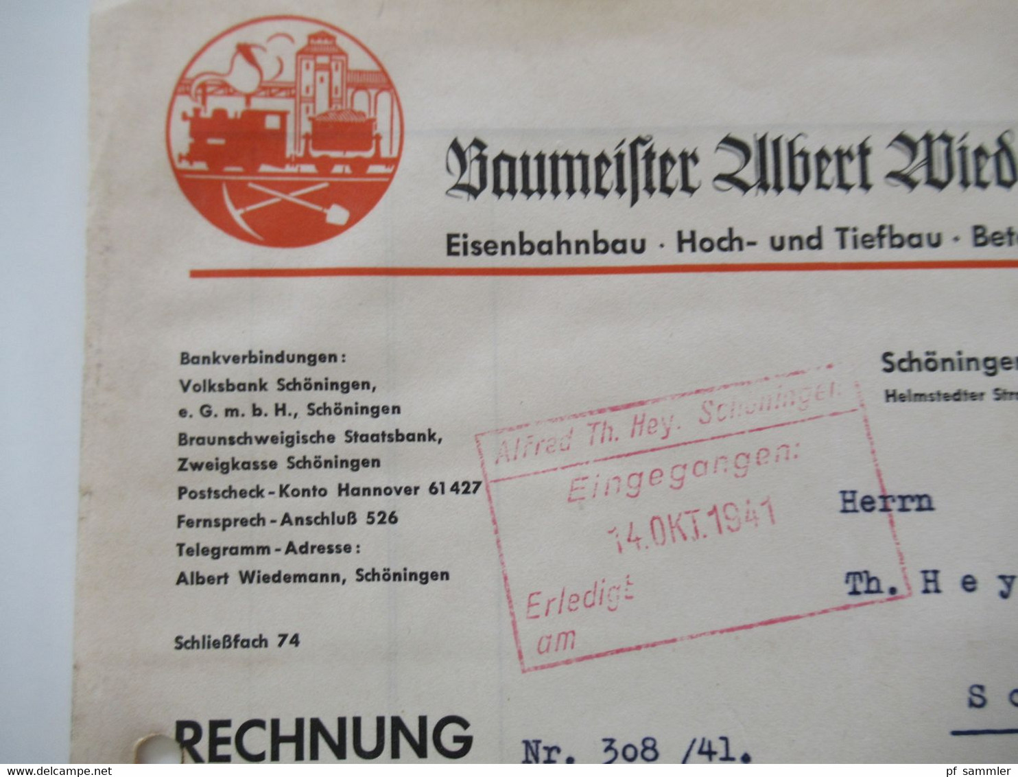 3.Reich Dokument 1941 Rechnung Baumeister Albert Wiedemann Schöningen (Braunschweig) über Tonrohre Und 50 Sack Zement - 1900 – 1949