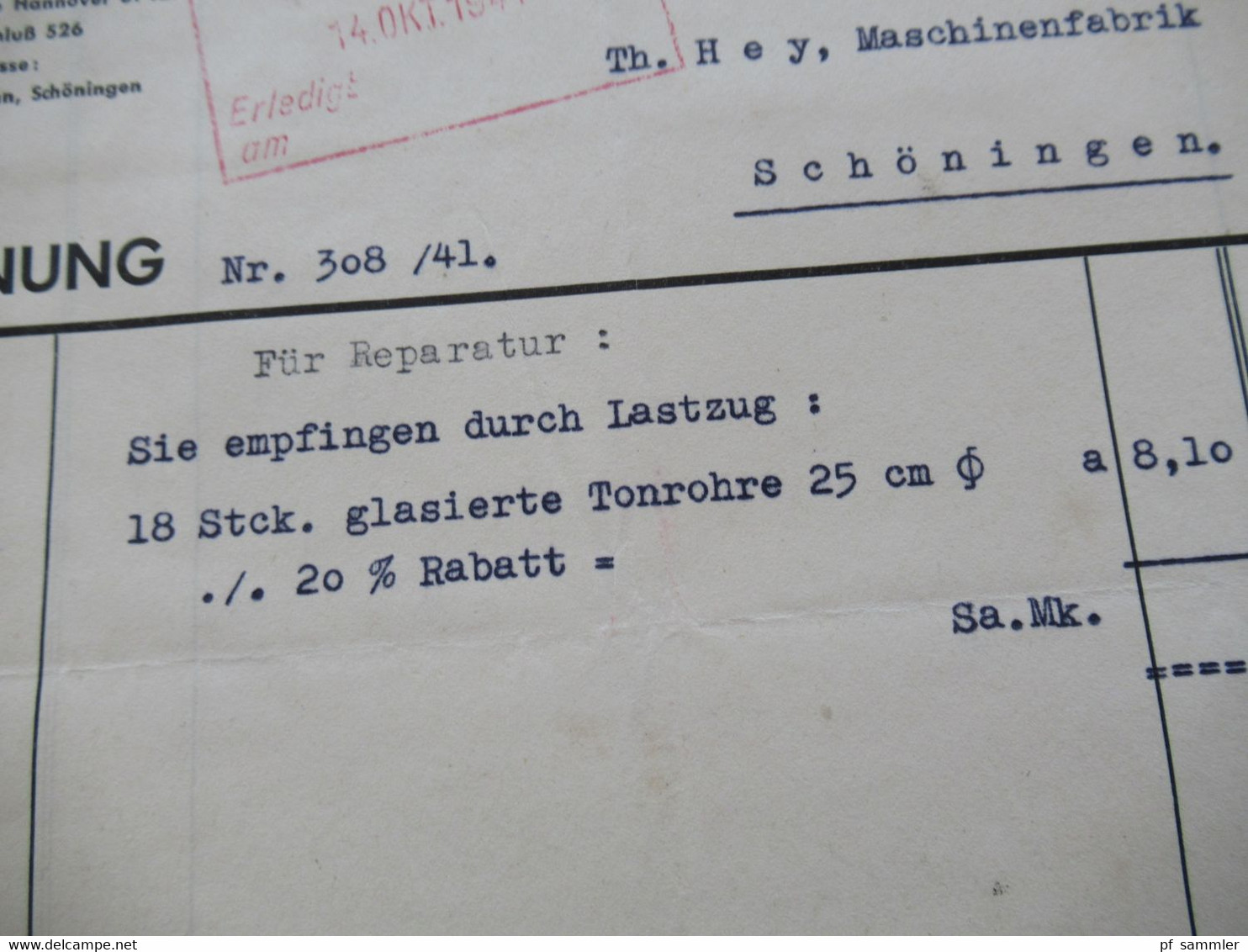 3.Reich Dokument 1941 Rechnung Baumeister Albert Wiedemann Schöningen (Braunschweig) über Tonrohre Und 50 Sack Zement - 1900 – 1949