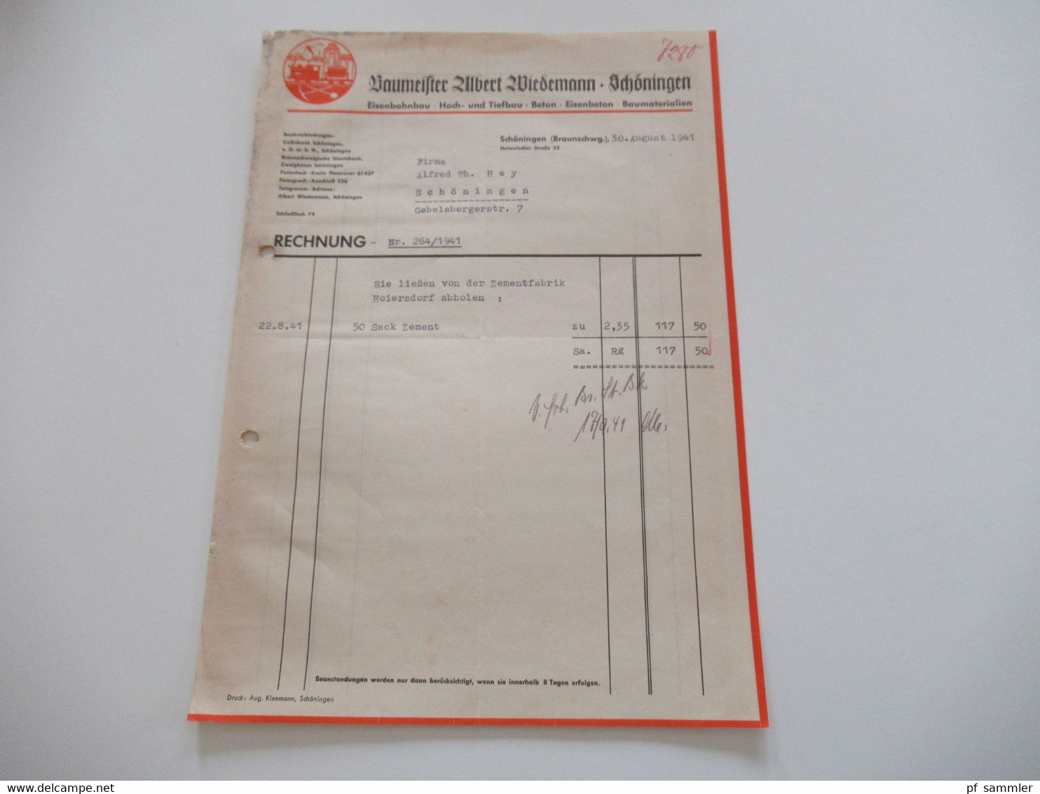 3.Reich Dokument 1941 Rechnung Baumeister Albert Wiedemann Schöningen (Braunschweig) über Tonrohre und 50 Sack Zement