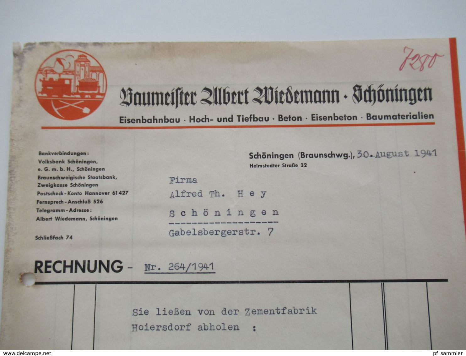 3.Reich Dokument 1941 Rechnung Baumeister Albert Wiedemann Schöningen (Braunschweig) über Tonrohre und 50 Sack Zement