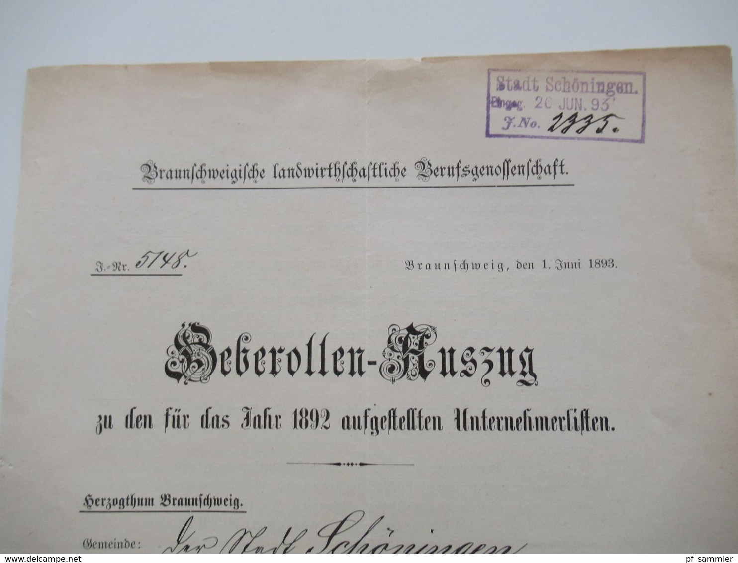 Dokument DR 1892 / 93 Beberollen Auszug Unternehmerlisten Braunschweigische Landwirtschaftliche Berufsgenossenschaft - Decreti & Leggi