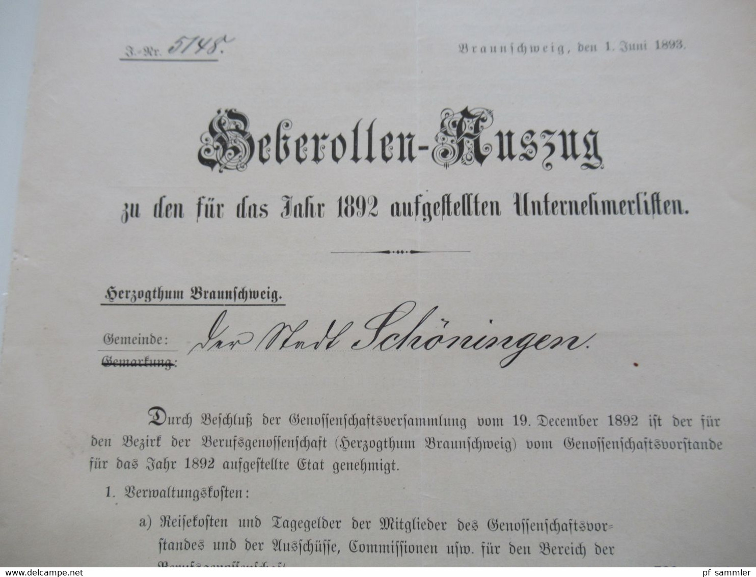 Dokument DR 1892 / 93 Beberollen Auszug Unternehmerlisten Braunschweigische Landwirtschaftliche Berufsgenossenschaft - Decrees & Laws