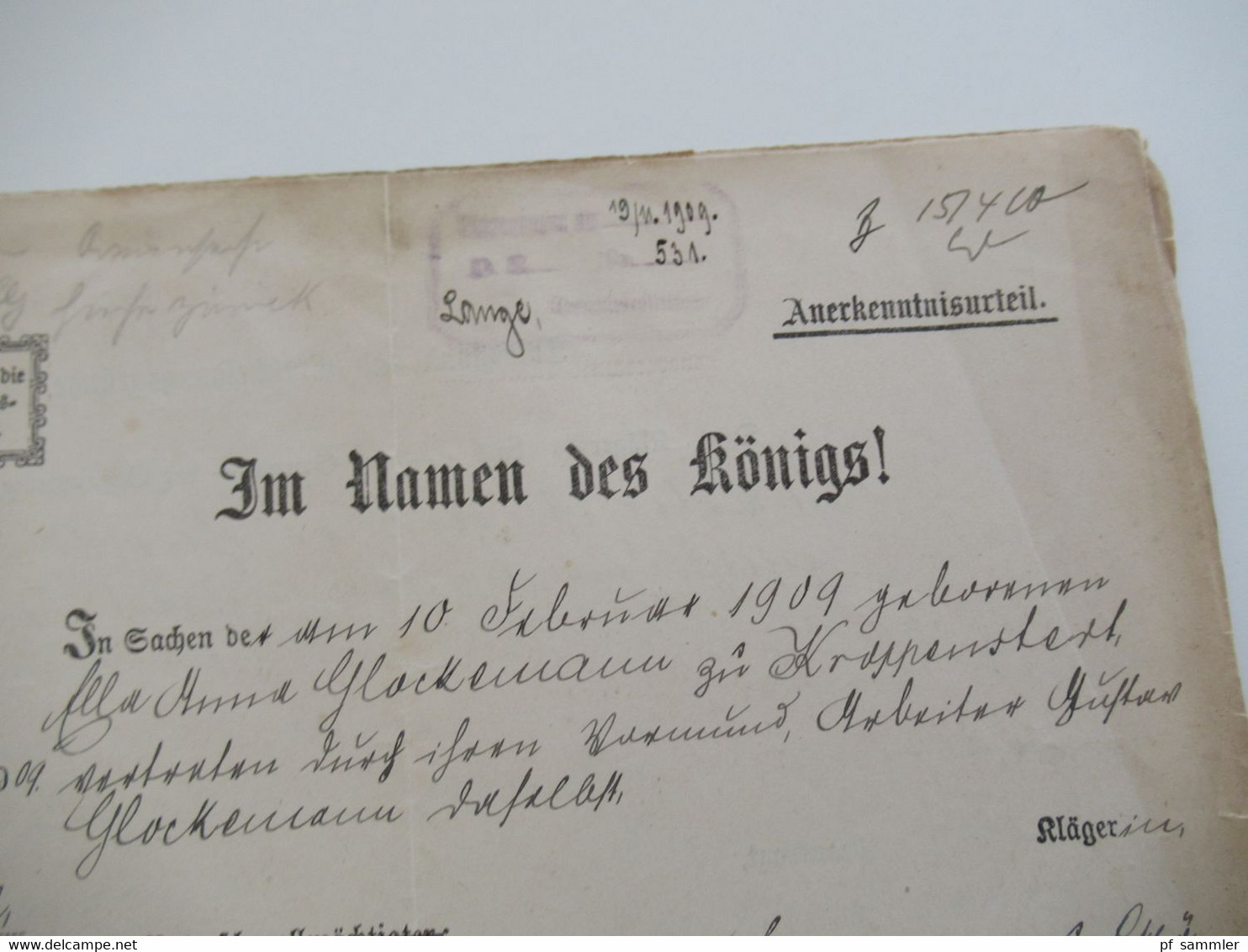 Dokument DR 1909 Anerkenntnisurteil / Gerichtsurteil "Im Name Des Königs!" Preussisches Amtsgericht - Wetten & Decreten