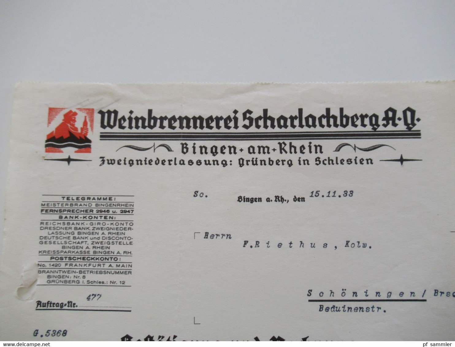 Dokument DR 1933 Rechnung Weinbrennerei Scharlachberg Bingen Am Rhein 33,6 Liter Deutscher Weinbrand 38% - 1900 – 1949