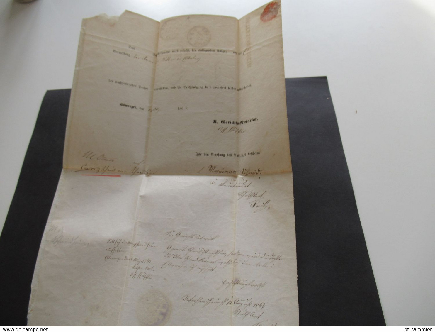 AD Baden 1867 Faltbrief mit gedrucktem Inhalt Gerichts Notariat Stempel Ellwangen und rücks. L1 Unterschneidheim