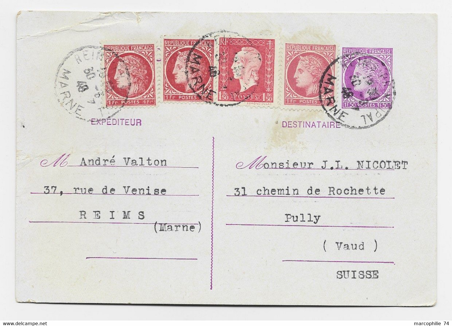 ENTIER MAZELIN 1FR50 CP + 1FRX3 2 TEINTES + 1FR50 DULAC REIMS 30.3.1946 POUR SUISSE AU TARIF - 1945-47 Cérès De Mazelin