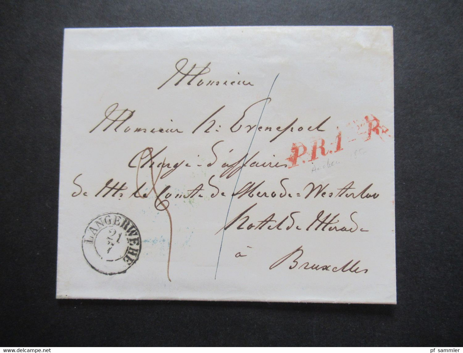 AD Preussen 1858 K2 Langerwehe Nach Bruxelles Rücks. Stempel In Rot / Grün Und Blau Bahnpost Coeln - Verviers - Storia Postale