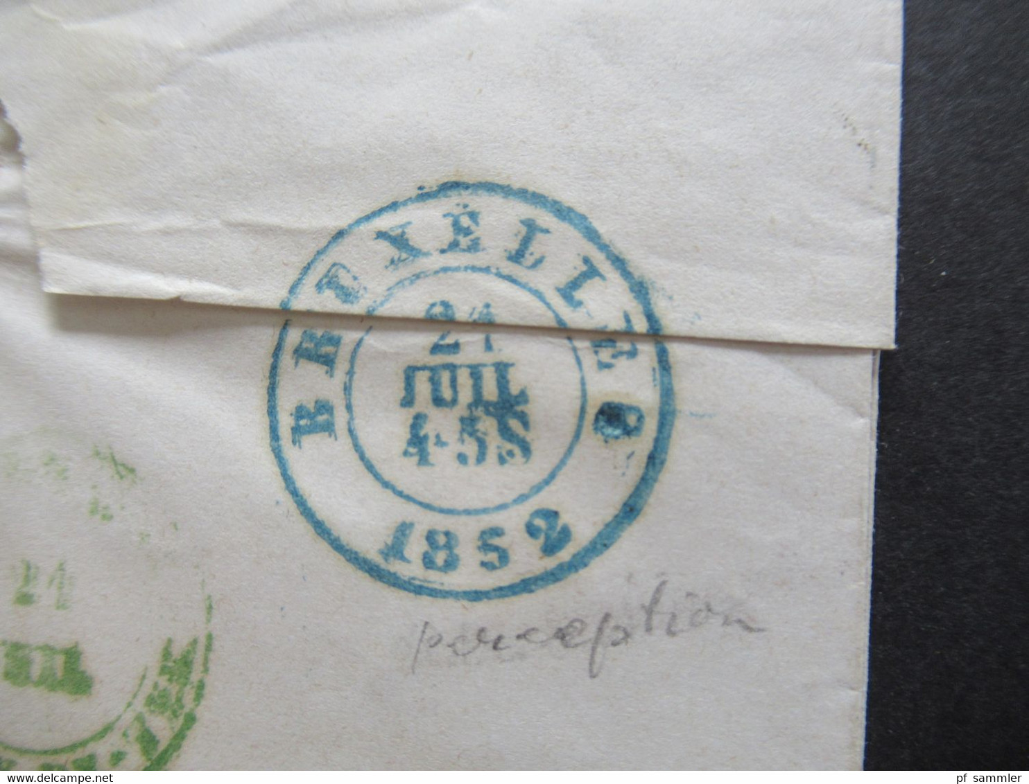 AD Preussen 1858 K2 Langerwehe Nach Bruxelles Rücks. Stempel In Rot / Grün Und Blau Bahnpost Coeln - Verviers - Storia Postale