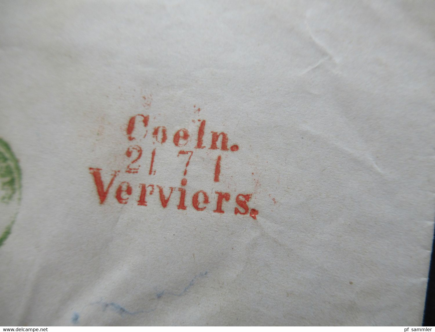 AD Preussen 1858 K2 Langerwehe nach Bruxelles rücks. stempel in rot / grün und blau Bahnpost Coeln - Verviers