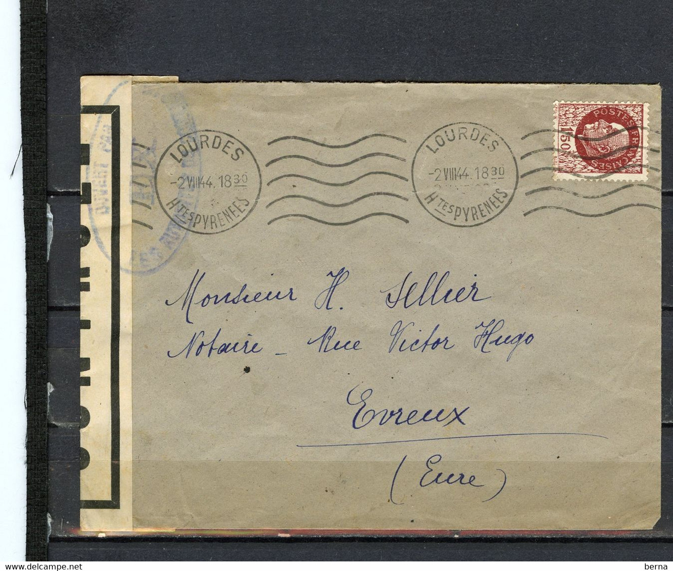 FRANCE 1944 LETTRE DE LOURDES POUR EVREUX CENSUREE - Guerre De 1939-45