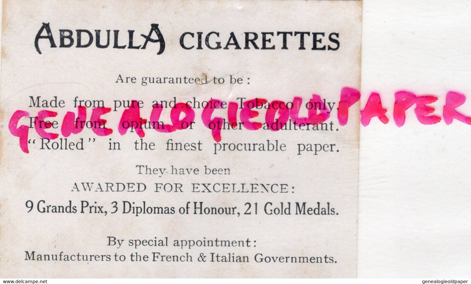 ANGLETERRE- CARTE ABDULLA CIGARETTE -173 NEW BOND STREET TIRAILLEUR AFRIQUE- ZIGARETTEN- TABAC- - Documents