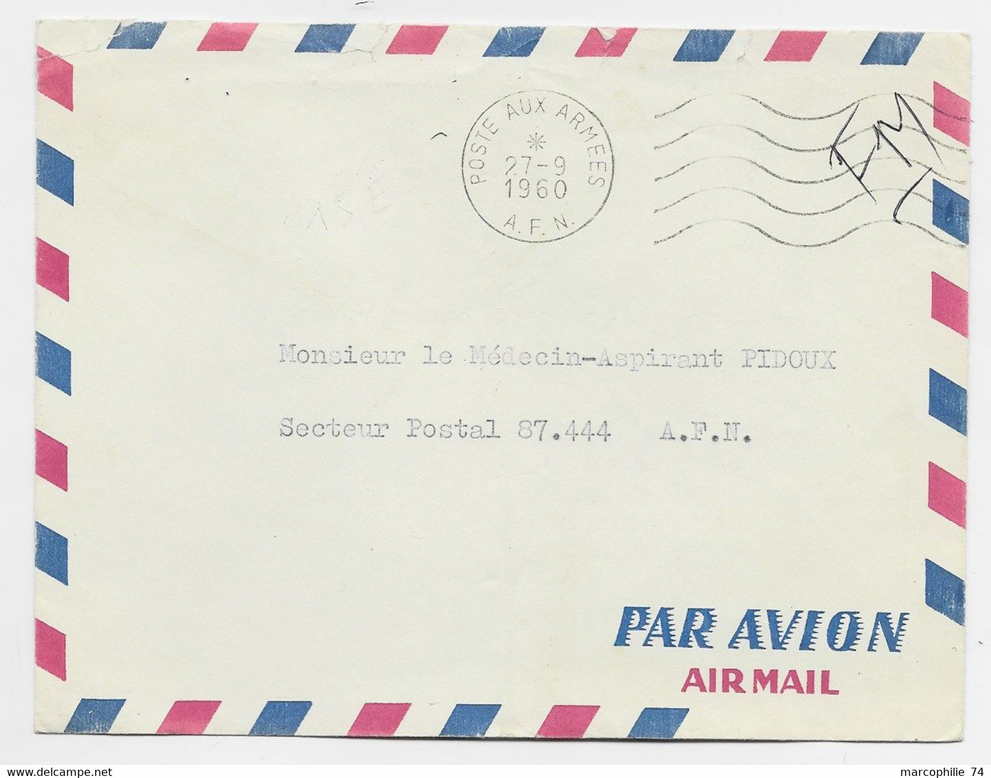 LETTRE FM  AVION POSTE AUX ARMEES 27.9.1960 A.F.N. + VERSO CACHET ROUGE S.A.S DE SEIAR ARRND DE KHENCHELA - War Of Algeria