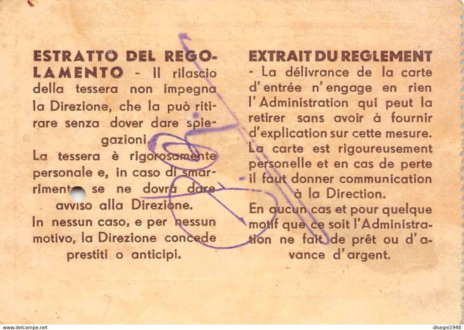 10390 "VENEZIA - CASINO MUNICIPALE - TESSERA GIORNALIERA NR 21602 ANNO 1937"  ORIG - NOTIZIE - Otros & Sin Clasificación