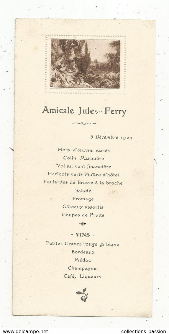 Menu, AMICALE JULES FERRY ,1929,  Frais Fr 1.55 E - Menus