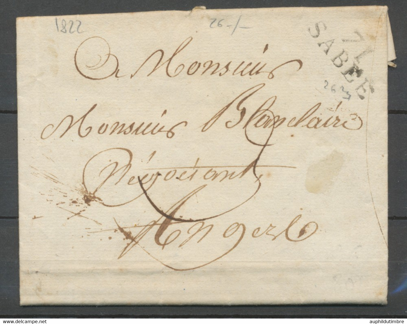 1822 Lettre Marque 71 SABLE 26x11mm + Taxe 3 SARTHE(71) H2602 - 1801-1848: Précurseurs XIX