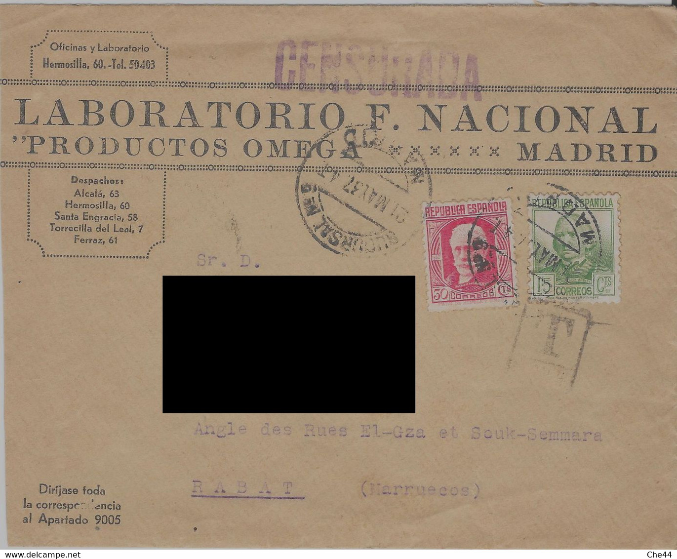 Lettre De Madrid Pour Le Maroc Censurée. (Voir Commentaires) - Nationalists Censor Marks