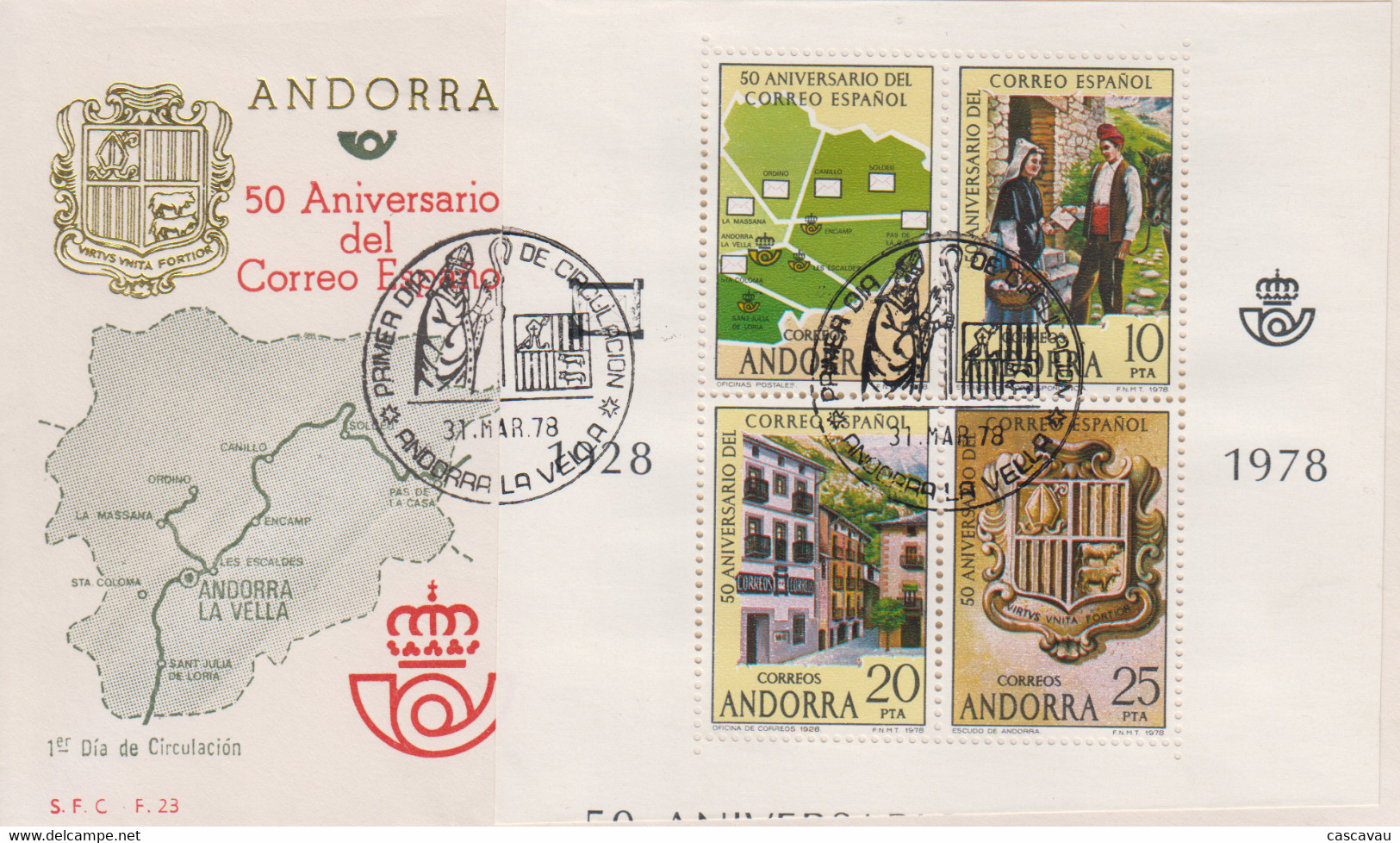 Enveloppe  FDC  1er  Jour   ANDORRE    Bloc  Feuillet   50éme  Anniversaire   Du   Courrier   Espagnol    1978 - Andere & Zonder Classificatie