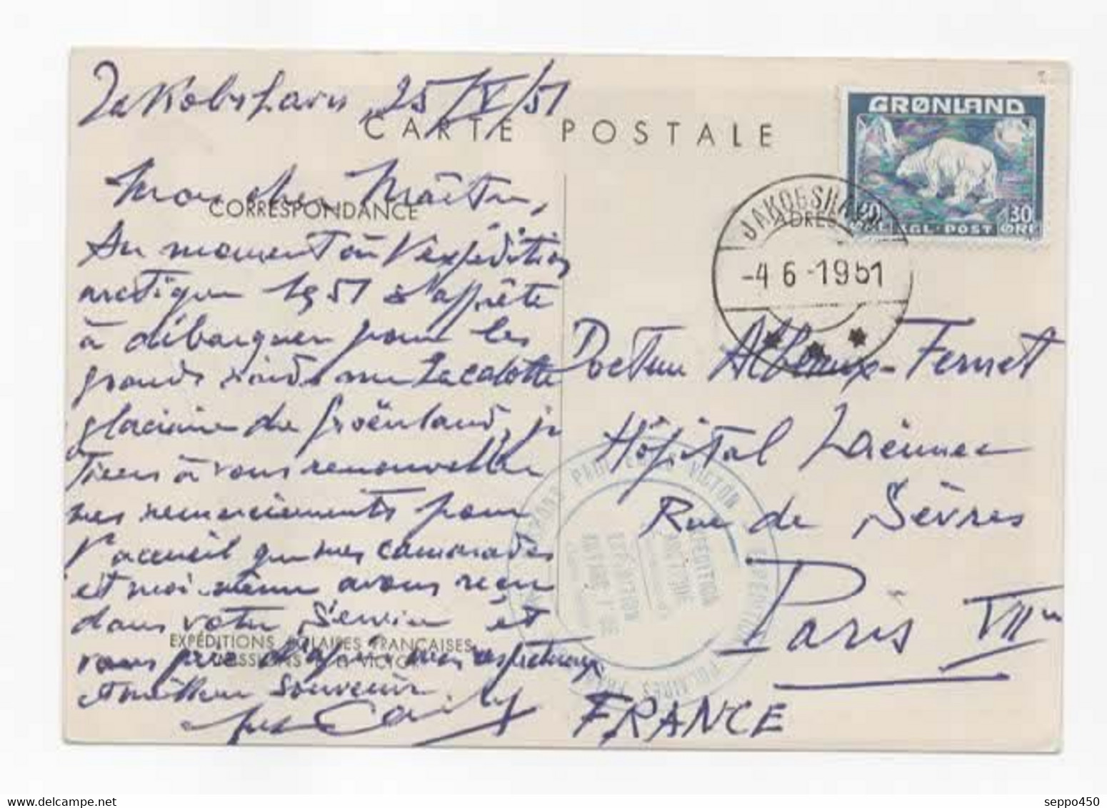 CARTE POTALE AFFR.TP GROELAND "EXPEDITIONS POLAIRES FRANCAISES" AVEC CACHET EXPEDITION ARTIQUE PARIS FRANCE - Groenlandia