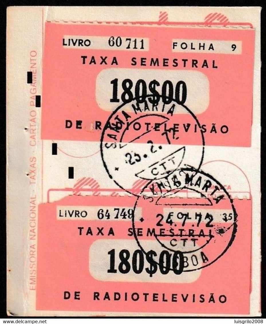 Fiscal/ Revenue, Portugal - Tax/ Taxa De RadioTelevisão -|-  Semestral 180$00 - 1967 - Gebruikt