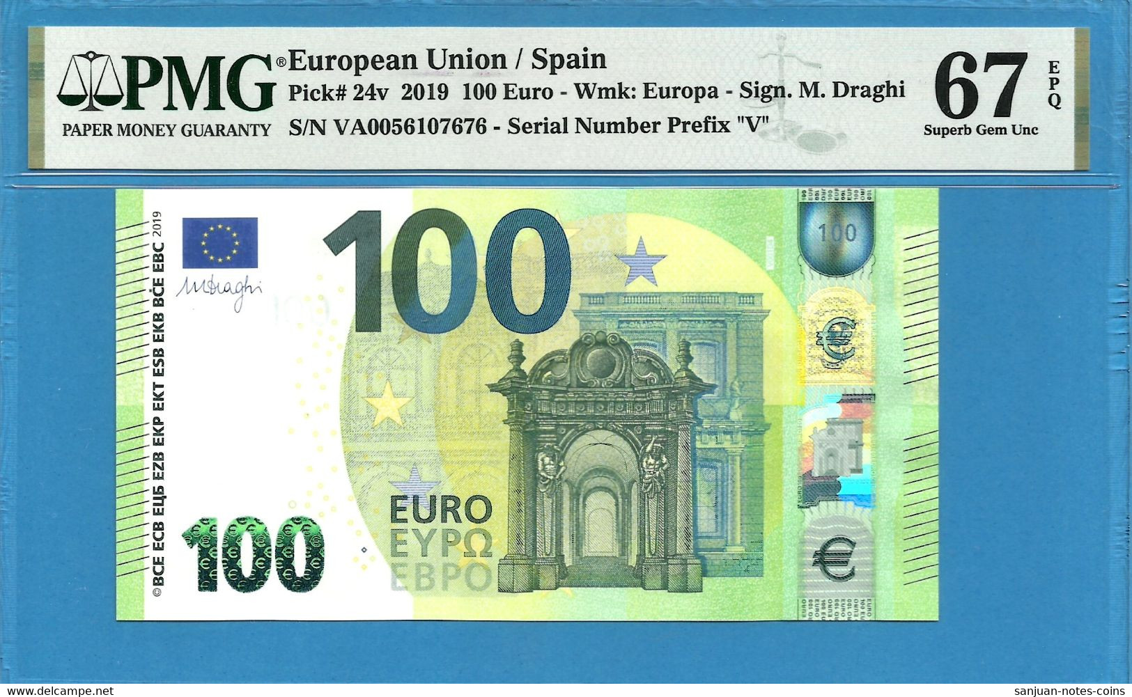 100 EURO SPAIN DRAGHI VA00-V001 PMG 67(D080) - 100 Euro