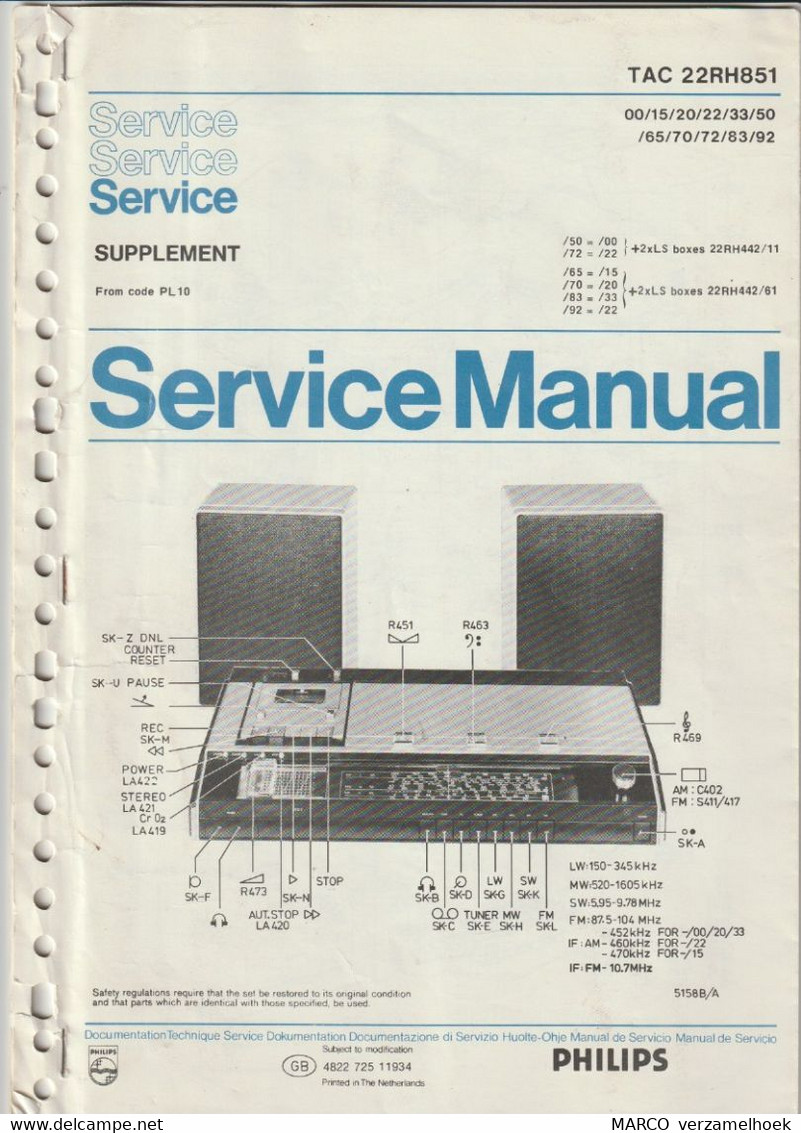 Philips Brochure-leaflet: Service Manual  TAC 22RH851 Radio/cassette Supplement - Literatur & Schaltpläne