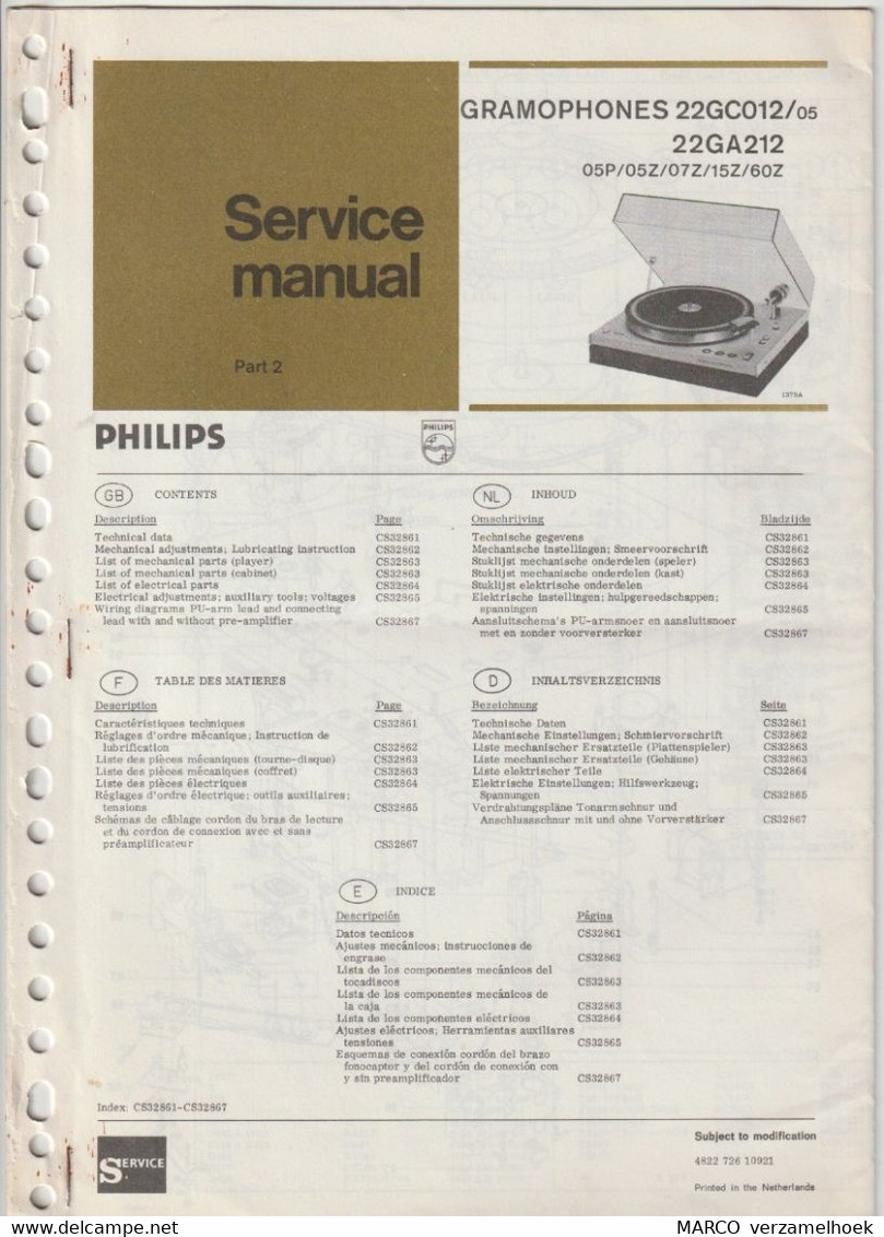 Philips Brochure-leaflet: Service Manual  Gramophones 22GC012 - 22GA212 Pick-up - Literatuur & Schema's