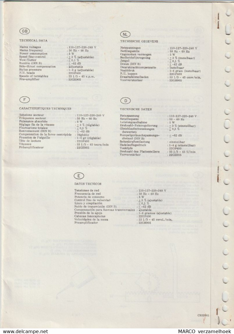 Philips Brochure-leaflet: Service Manual  Gramophones 22GC012 - 22GA212 Pick-up - Literature & Schemes