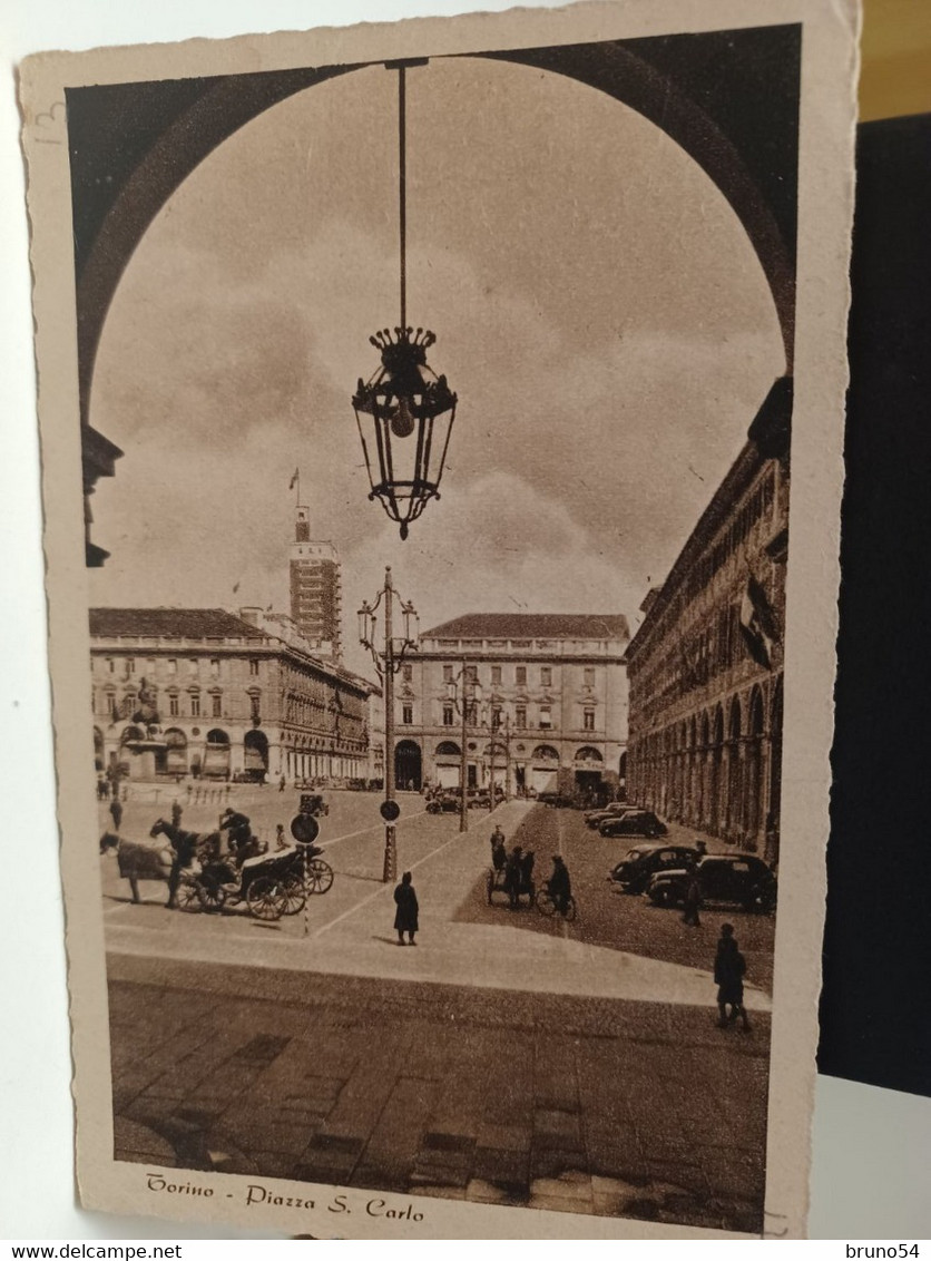 Cartolina Torino Piazza S.Carlo Auto E Carrozze Con Cavalli Anni 40 - Places