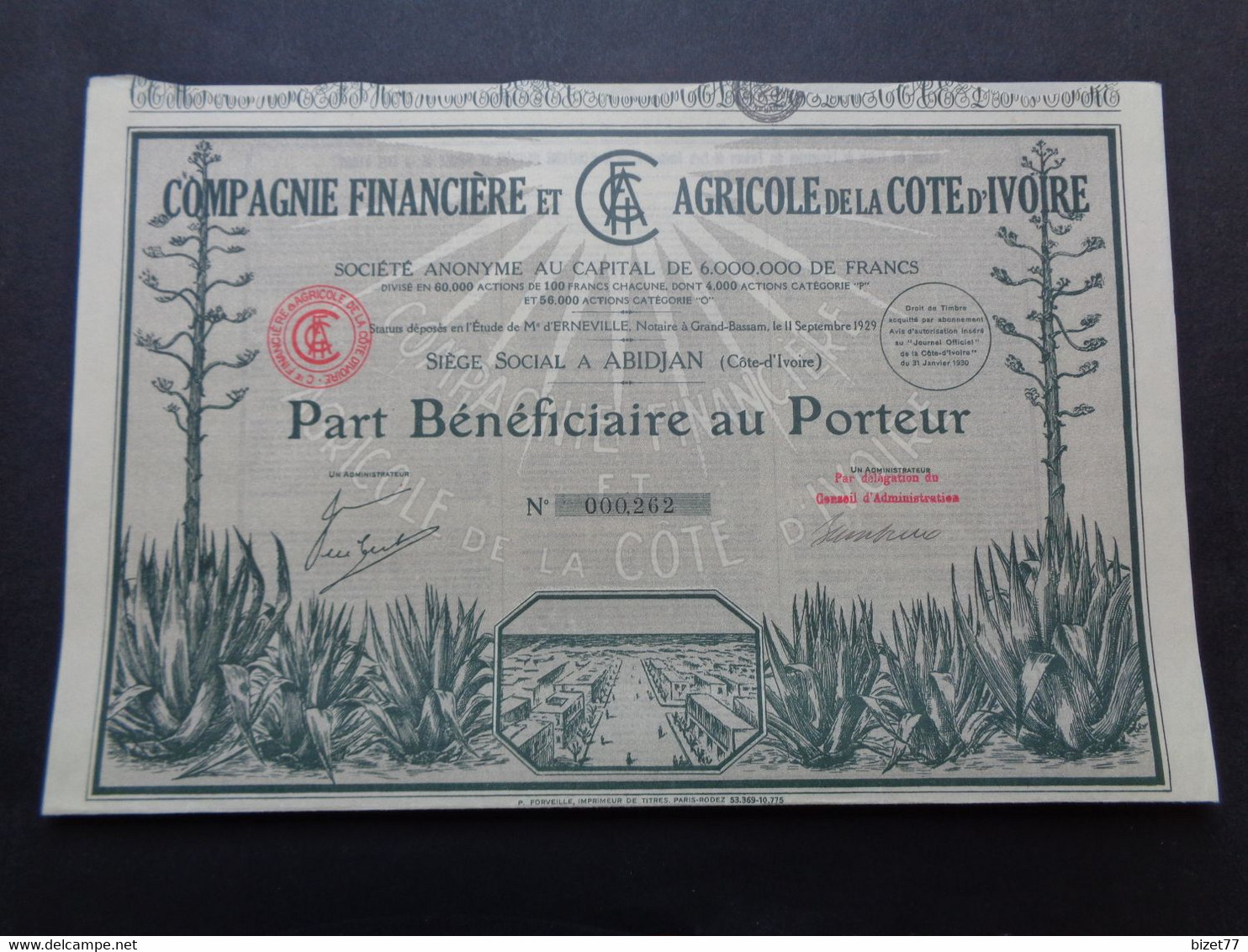 COTE D'IVOIRE- ABIDJAN 1930 -  CIE FINANCIERE & AGRICOLE DE LA COTE D'IVOIRE - PART BENEFICIAIRE - BELLE DECO - Altri & Non Classificati