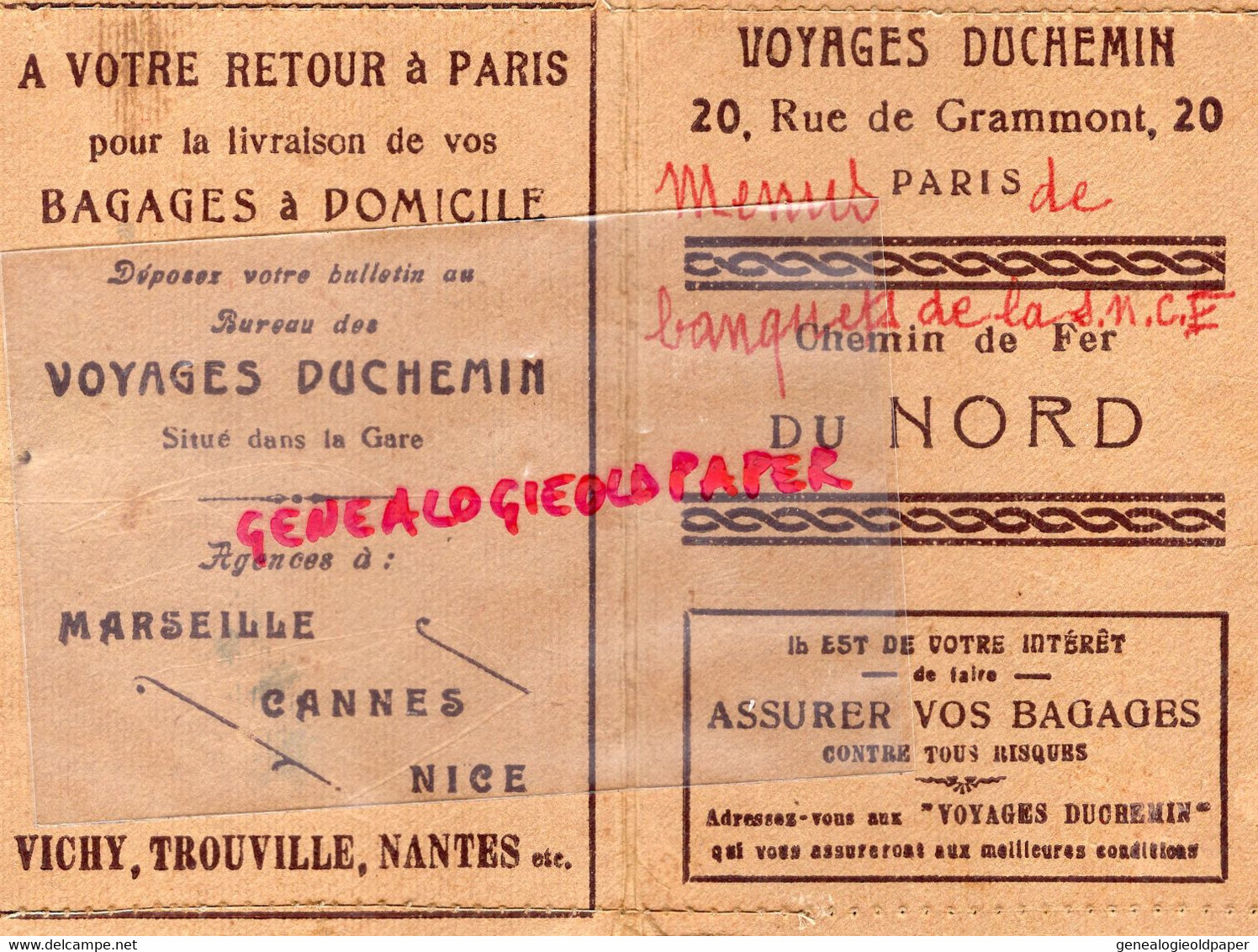 75- PARIS - RARE CARNET VOYAGE DUCHEMIN 20 RUE GRAMMONT-CHEMIN DE FER DU NORD-PARFUM PIVER POMPEIA - Historical Documents