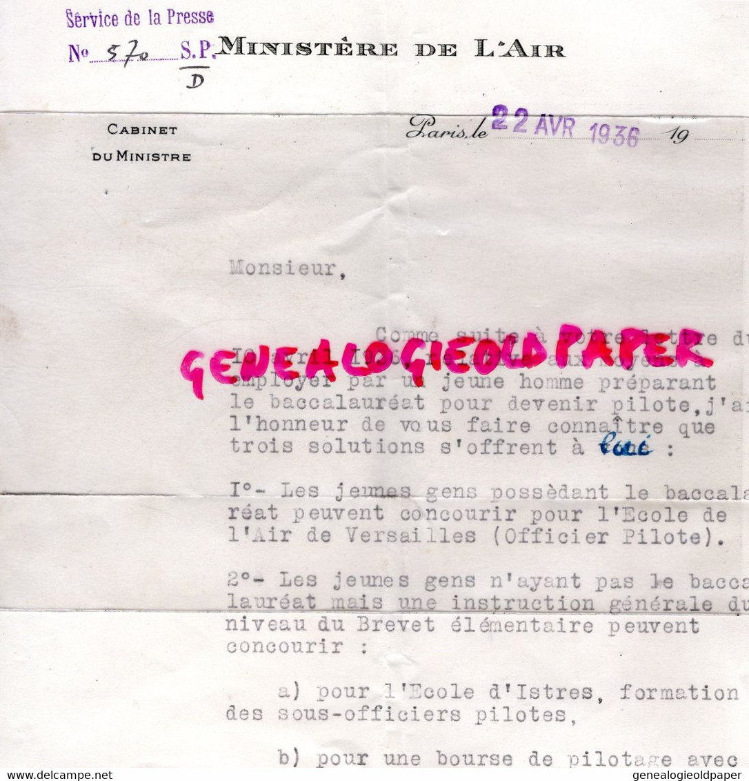 87- CHATEAUPONSAC-RARE LETTRE MINISTERE DE L' AIR CABINET MINISTRE 1936- A JACQUES DEBELUT - FORMATION ECOLE ISTRES - Historical Documents