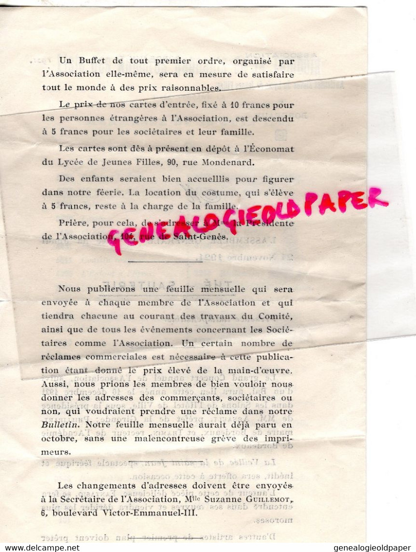 33- BORDEAUX -LETTRE ASSOCIATION ANCIENNES ELEVES LYCEE JEUNES FILLES-1921- ASSEMBLEE GENERALE THE SAUTERIE -KERMESSE - Historical Documents