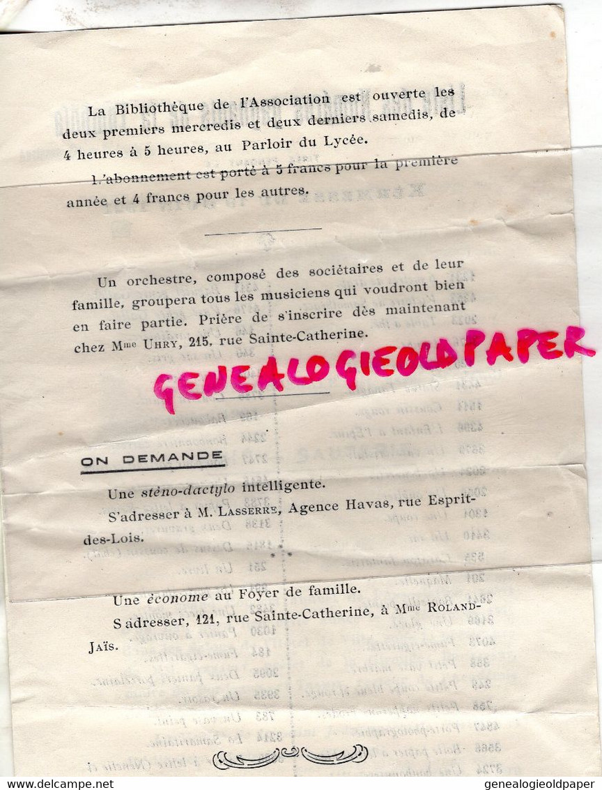 33- BORDEAUX -LETTRE ASSOCIATION ANCIENNES ELEVES LYCEE JEUNES FILLES-1921- ASSEMBLEE GENERALE THE SAUTERIE -KERMESSE - Historical Documents