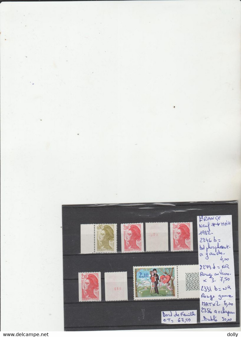 TIMBRES DE FRANÇE NEUF** MNH Nr ROUGE AU VERSO + VARIETEES Nr VOIR SUR PAPIER AVEC TIMBRES COTE   67.50  € - Roulettes