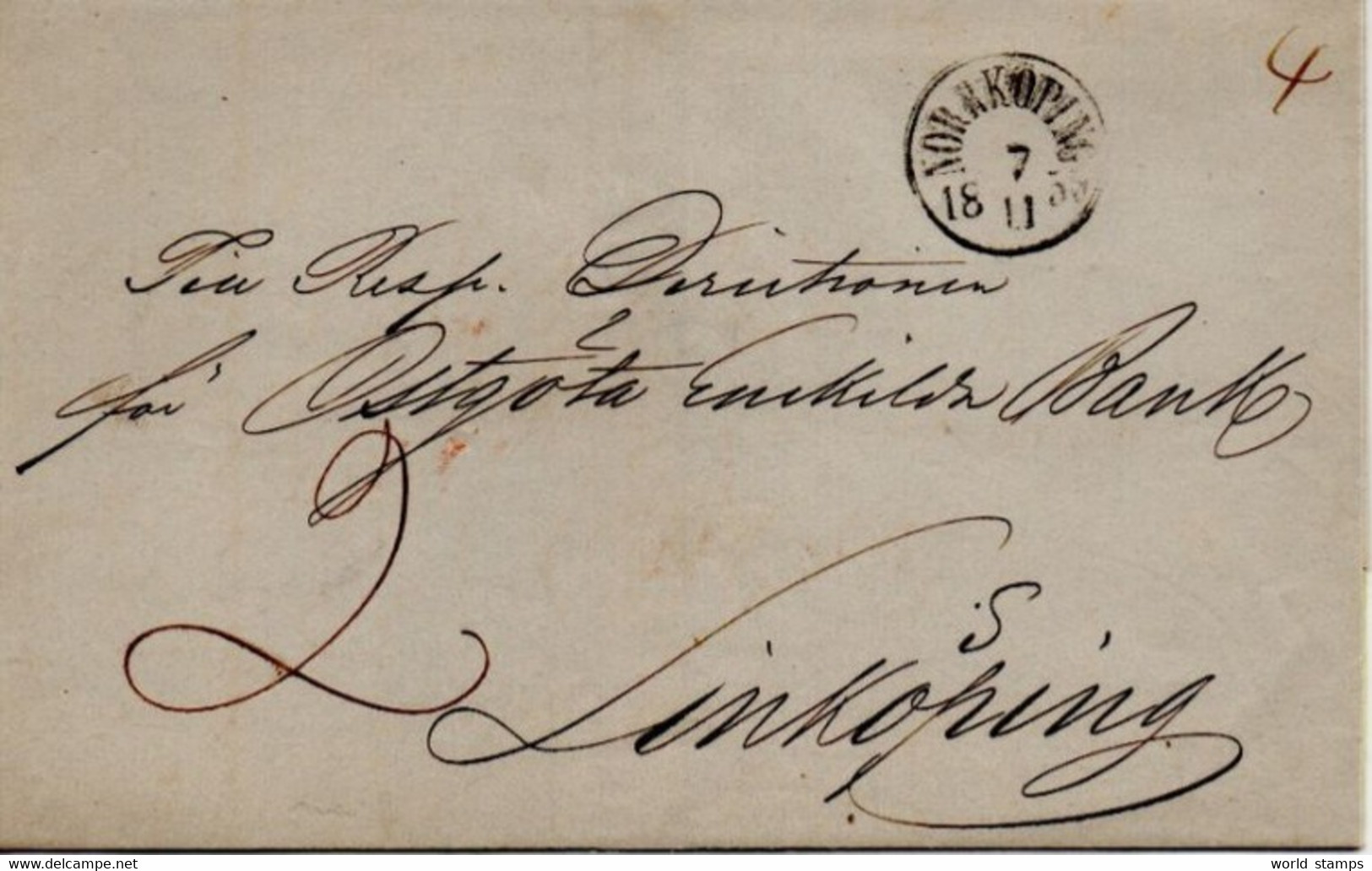 SUEDE 7/11/1855 NORRKOPPING-LINKOPING - ... - 1855 Préphilatélie