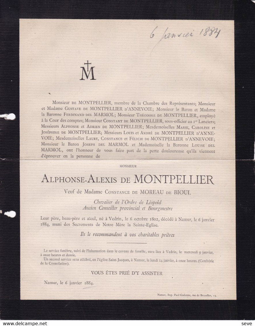 VEDRIN De MONTPELLIER Alphonse-Alexis Veuf De MOREAU De BIOUL Ancien Bourgmestre Conseiller Provincial 1802-1884 - Overlijden