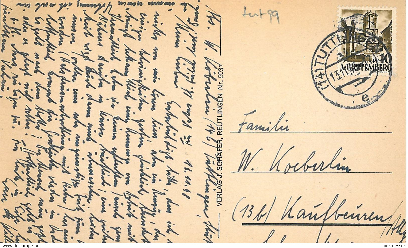 Tuttlingen Mit Ruine Honberg, Ansicht 1948. Briefmarke Württemberg 10 PF - Tuttlingen