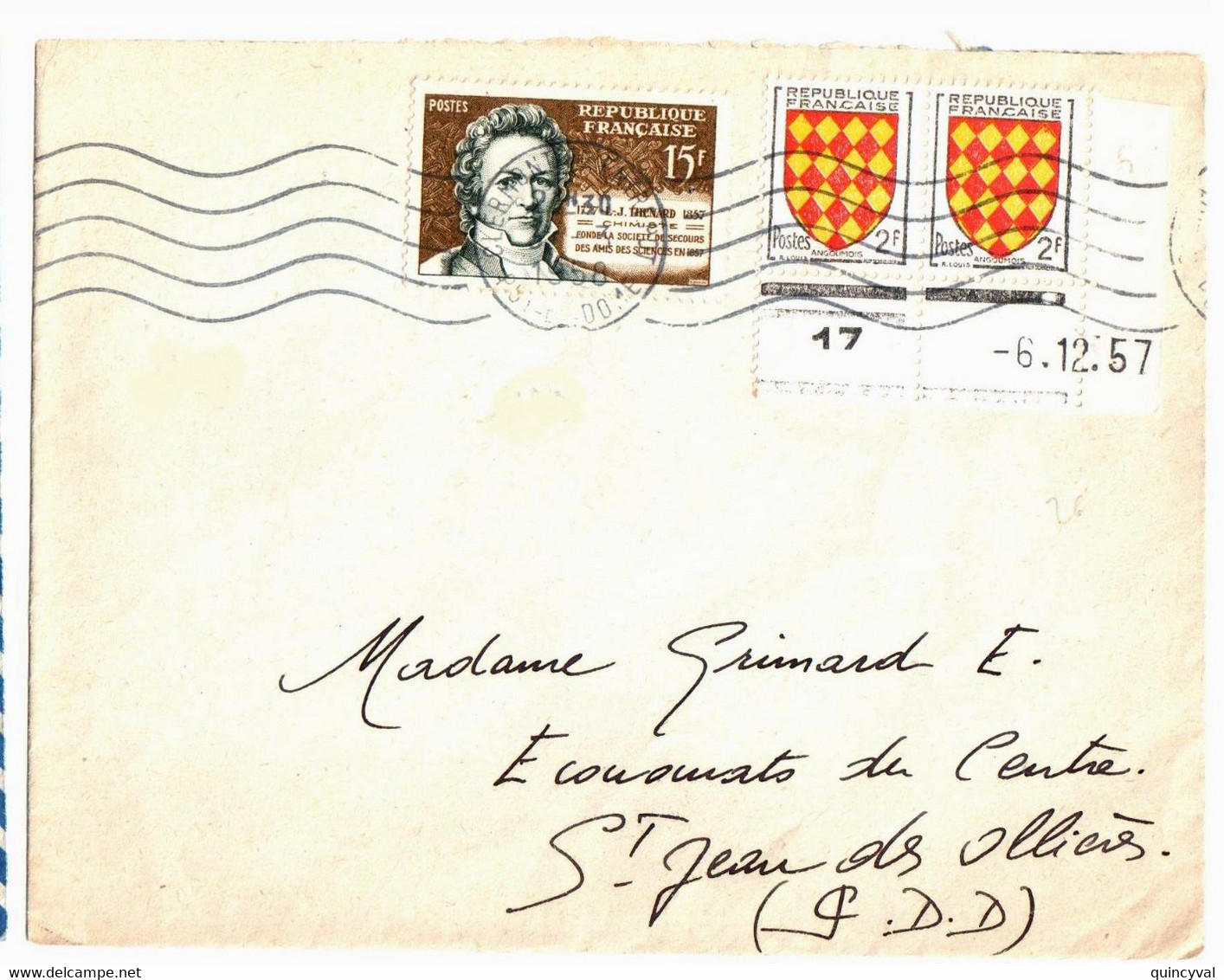CLERMONT ENTREPOT Carte Postale 15 F Thenard 2 F Blason Angoumois Yv 1003 1139 Ob 1958 1/2 Coin Daté Blason - Brieven En Documenten