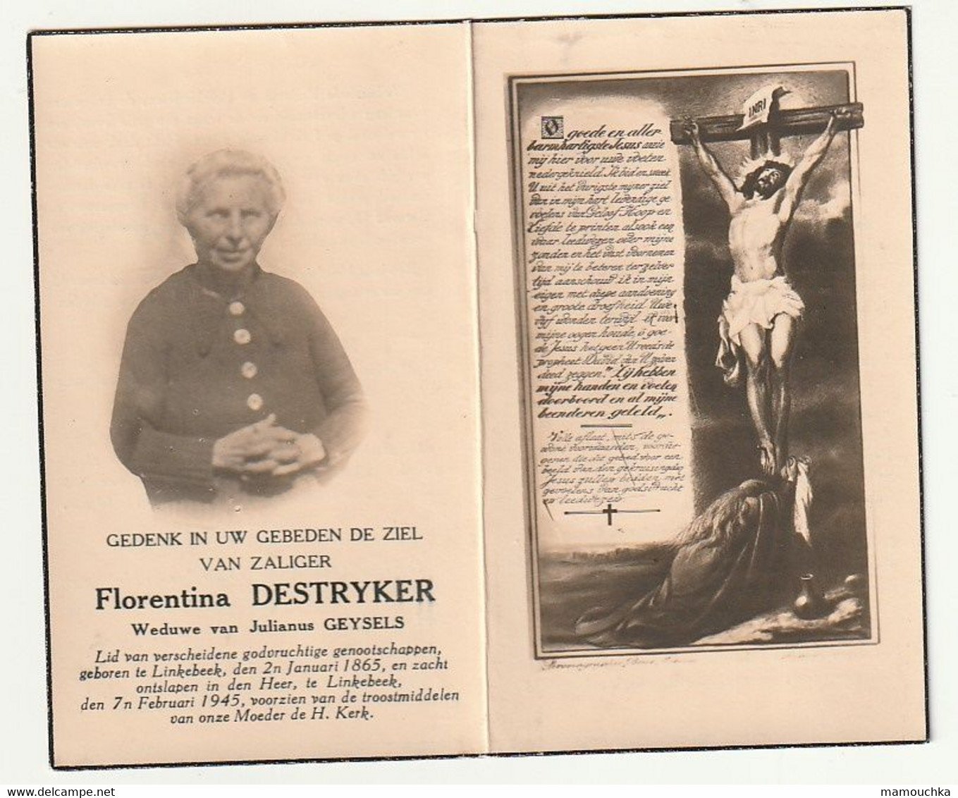 Doodsprentje Florentina DESTRYKER Wed. Julianus Geysels Linkebeek 1865 -1945 (foto) - Images Religieuses