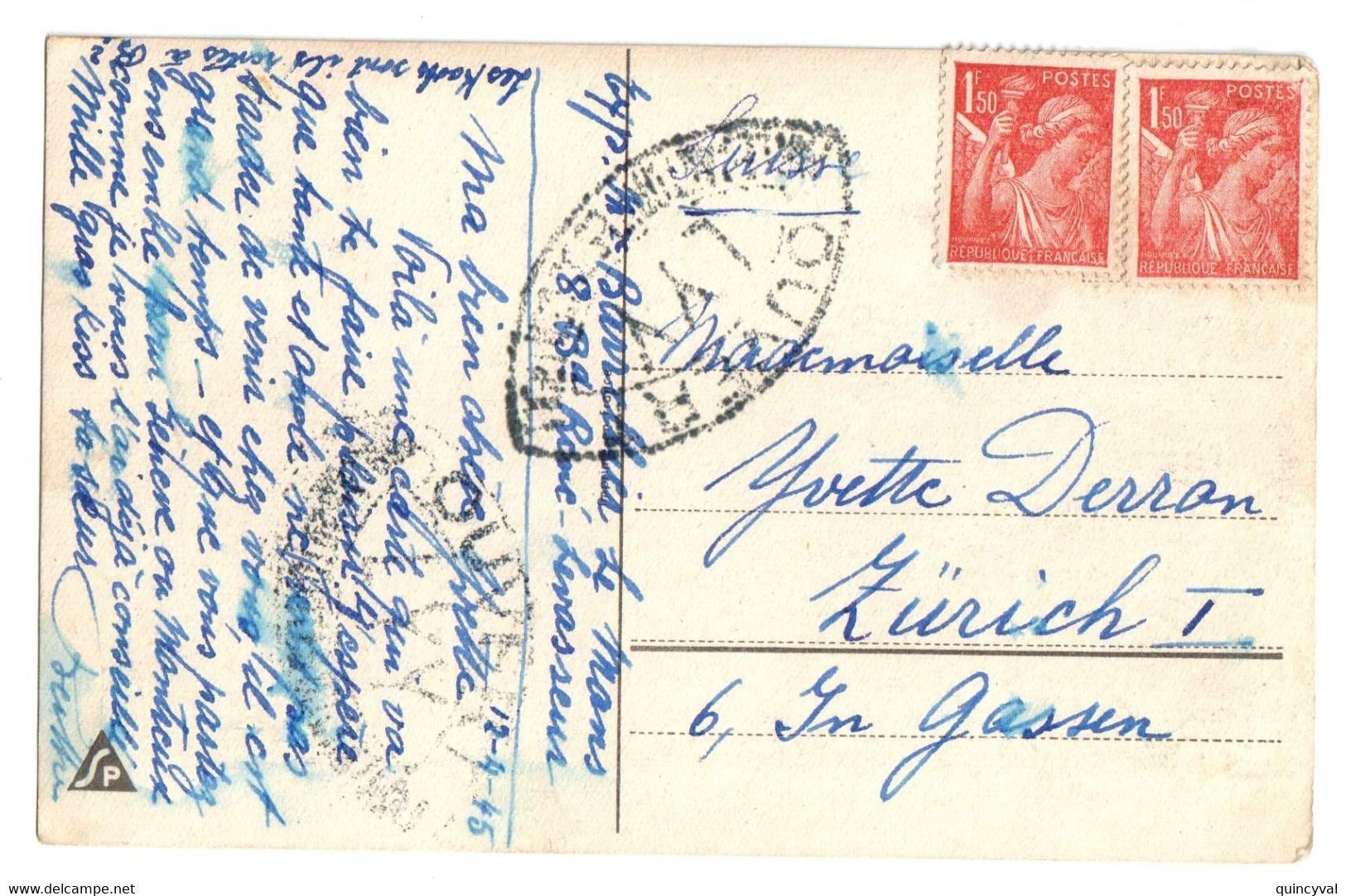 LE MANS Carte Postale Date Exp 12 4 1945 Dest ZURICH Suisse 1,50 F Iris Yv 435 Marque Contrôle OVALE LYY - 2. Weltkrieg 1939-1945