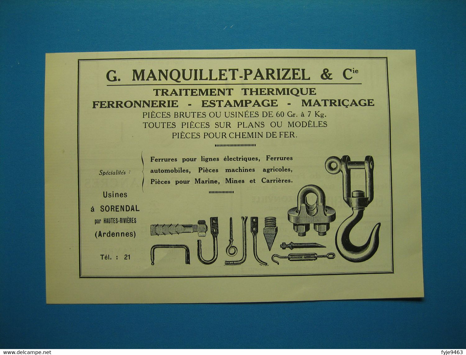 (1951) Ferronnerie - G. MANQUILLET-PARIZEL & Cie - Usines à Sorendal Par Hautes-Rivières (Ardennes) - Publicidad