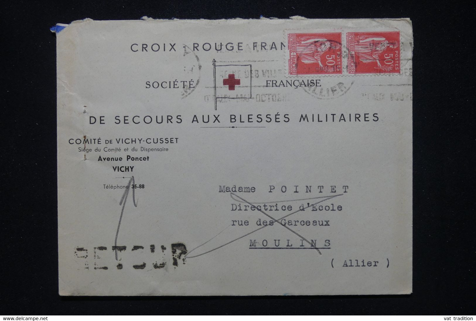 FRANCE - Enveloppe De La Croix Rouge De Vichy Pour Moulins En 1940 Et Retour - L 109818 - Rode Kruis