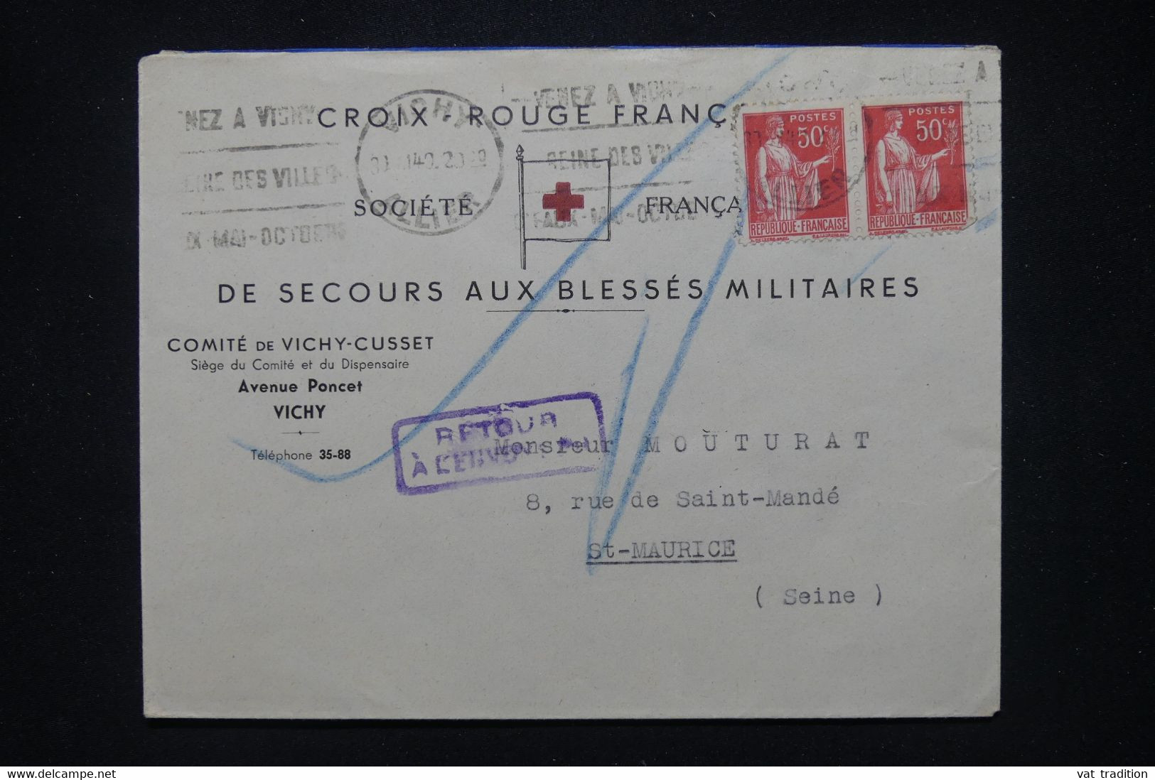 FRANCE - Enveloppe De La Croix Rouge De Vichy Pour St Maurice Et Retour En 1940 - L 109821 - Rotes Kreuz