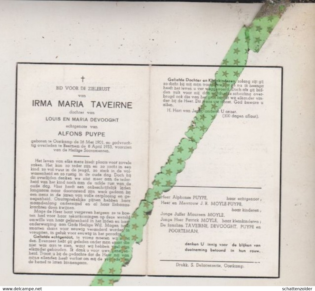 Irma Maria Taveirne-Puype, Oostkamp 1901, Beernem 1953 - Obituary Notices